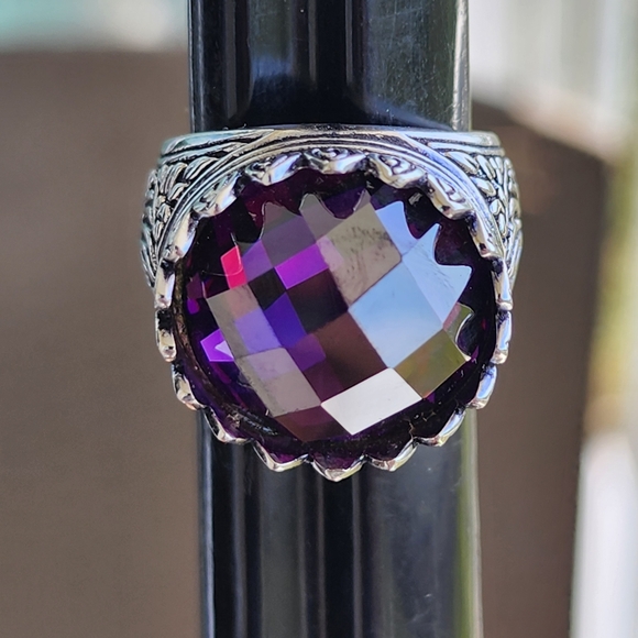 Vintage-Inspired Chunky Crown Amethyst Purple Gemstone Ring Size 7.5 Jewelry - Picture 4 of 8